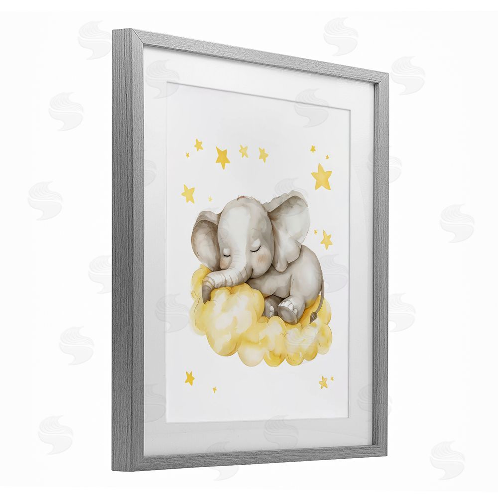 LSR Design Studio Sleeping Elephant on Yellow Cloud Gray Framed Print Under Glass with White Mat Wall Art