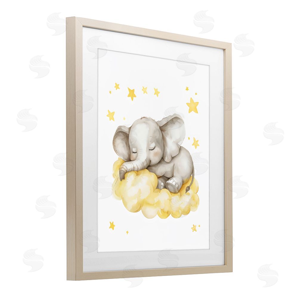 LSR Design Studio Sleeping Elephant on Yellow Cloud Brown Framed Print Under Glass with White Mat Wall Art