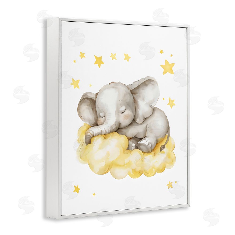 LSR Design Studio Sleeping Elephant on Yellow Cloud White Framed Giclee Wall Art Print