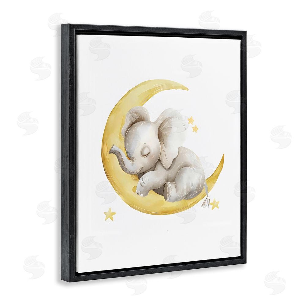LSR Design Studio Sleeping Elephant on Yellow Moon Black Floating Framed Canvas Wall Art Print