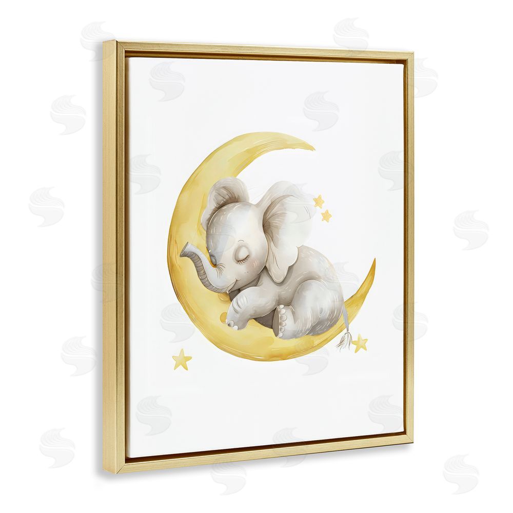 LSR Design Studio Sleeping Elephant on Yellow Moon Gold Floating Framed Canvas Wall Art Print