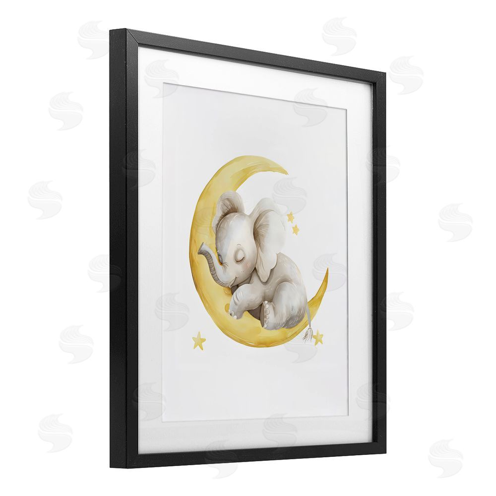 LSR Design Studio Sleeping Elephant on Yellow Moon Black Framed Print Under Glass with White Mat Wall Art