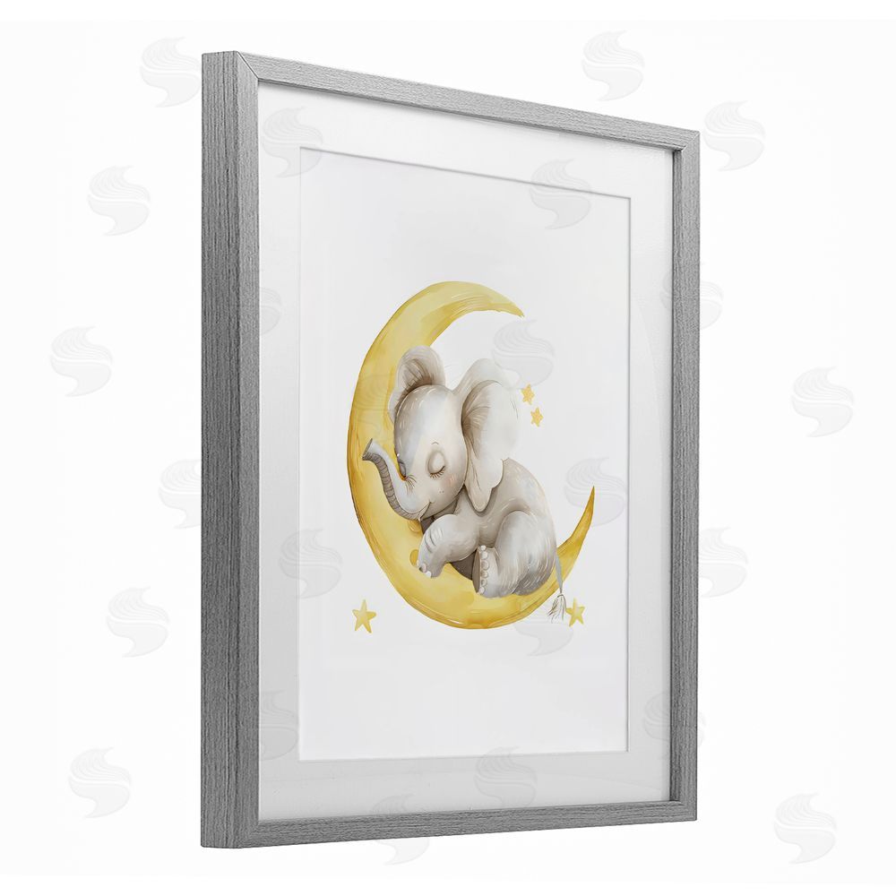 LSR Design Studio Sleeping Elephant on Yellow Moon Gray Framed Print Under Glass with White Mat Wall Art