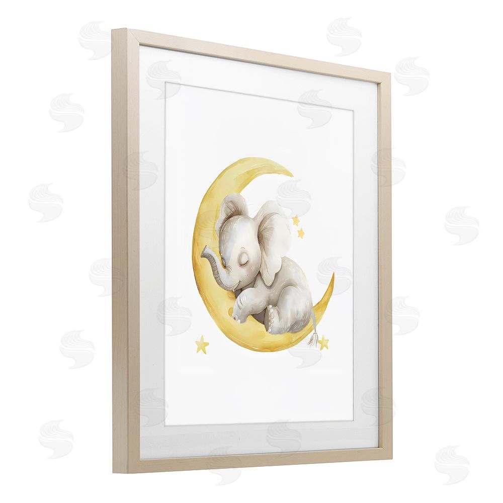 LSR Design Studio Sleeping Elephant on Yellow Moon Brown Framed Print Under Glass with White Mat Wall Art