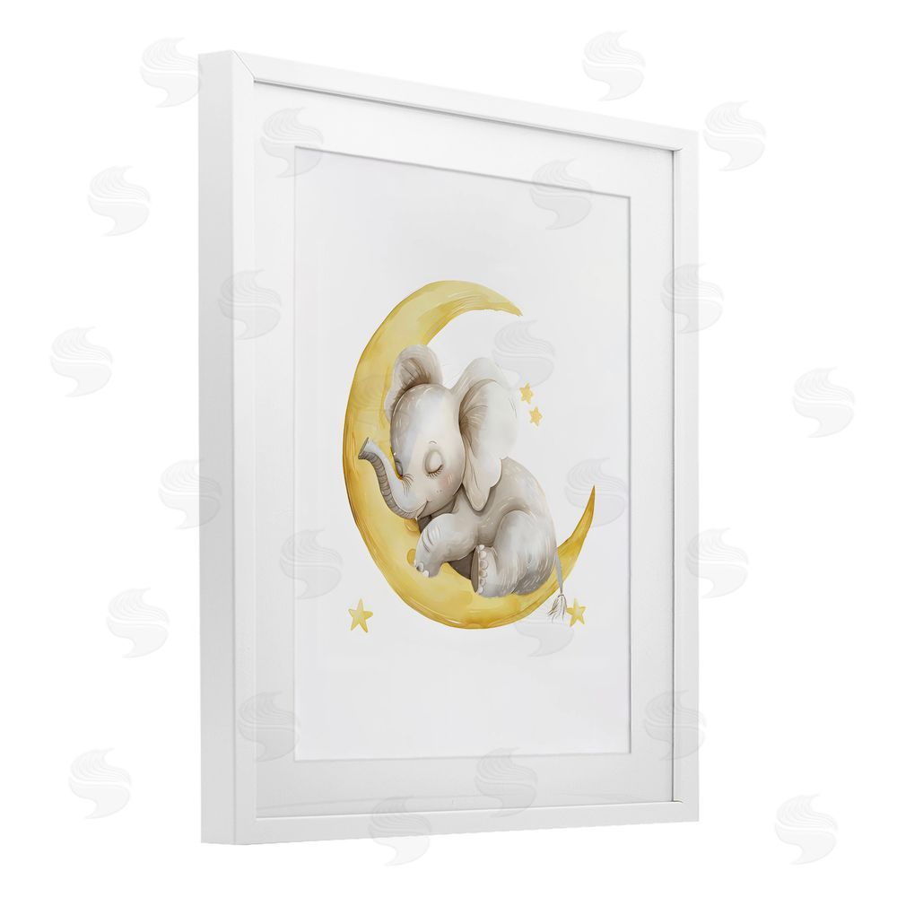 LSR Design Studio Sleeping Elephant on Yellow Moon White Framed Print Under Glass with White Mat Wall Art