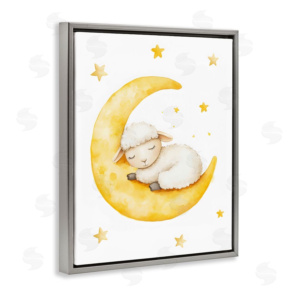 LSR Design Studio Sleeping Sheep on Yellow Moon Gray Floating Framed Canvas Wall Art Print