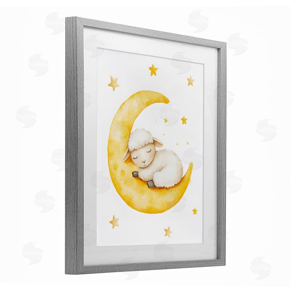 LSR Design Studio Sleeping Sheep on Yellow Moon Gray Framed Print Under Glass with White Mat Wall Art