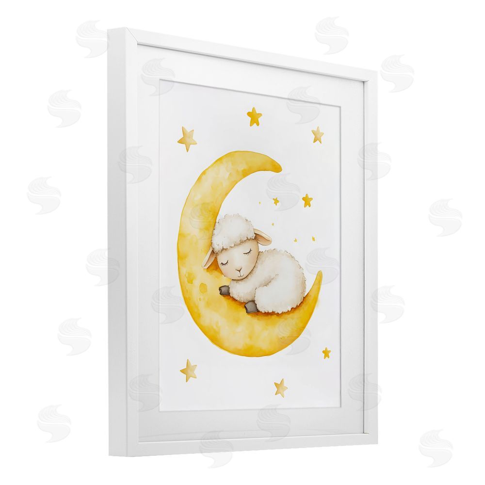 LSR Design Studio Sleeping Sheep on Yellow Moon White Framed Print Under Glass with White Mat Wall Art
