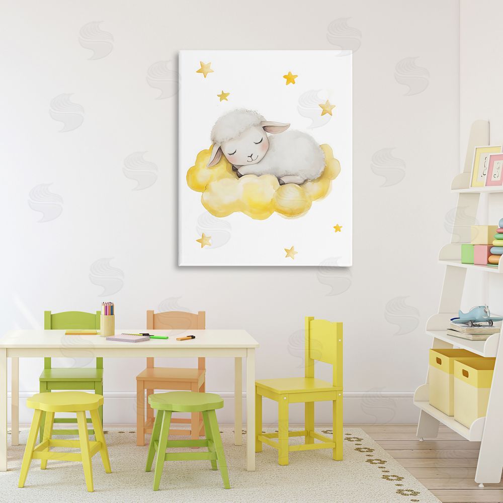 LSR Design Studio Sleeping Sheep on Yellow Cloud Stretched Canvas on Wall