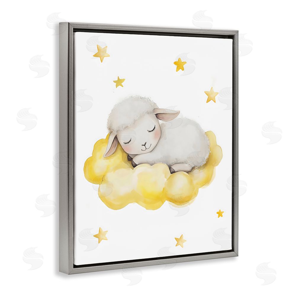 LSR Design Studio Sleeping Sheep on Yellow Cloud Gray Floating Framed Canvas Wall Art Print