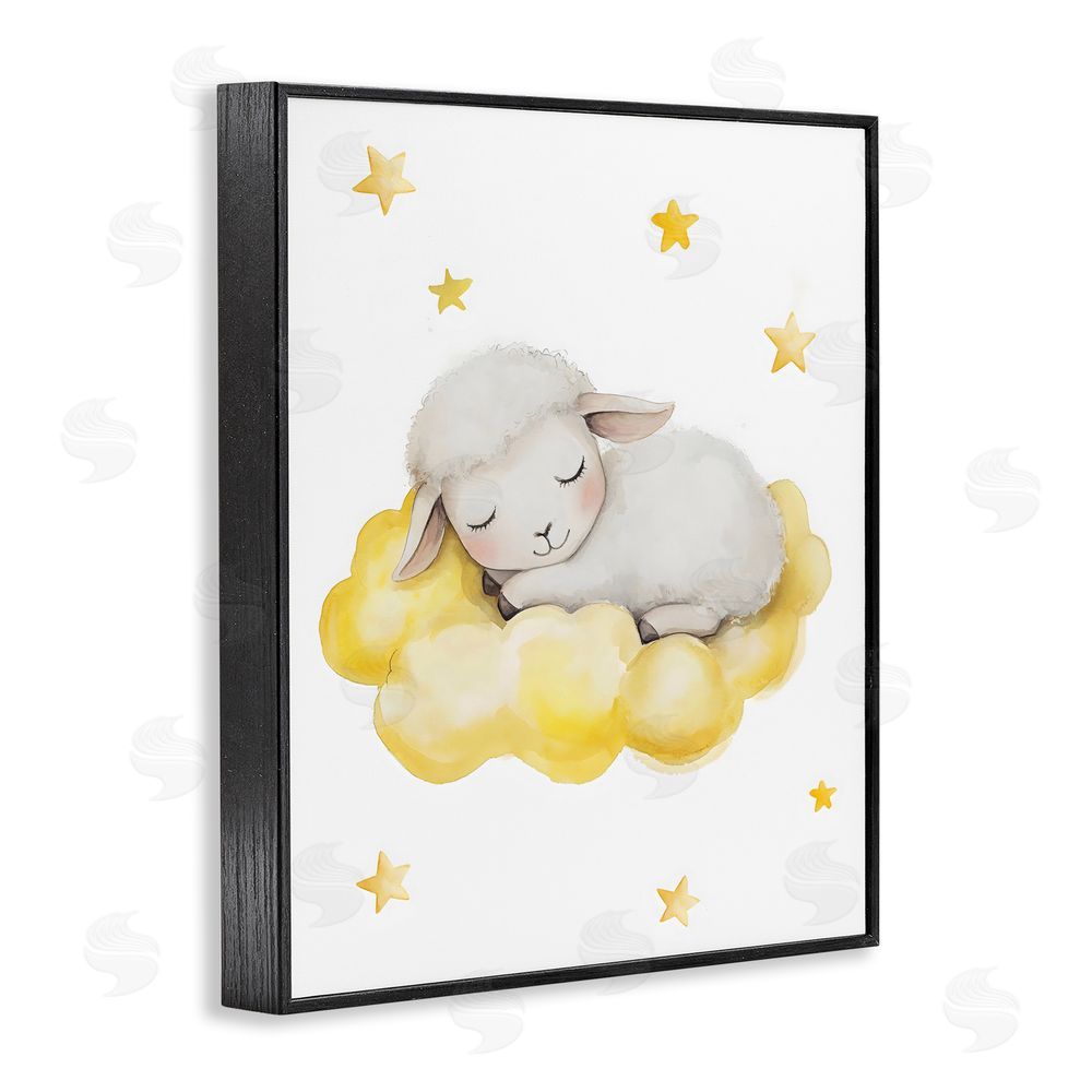 LSR Design Studio Sleeping Sheep on Yellow Cloud Black Framed Giclee Wall Art Print