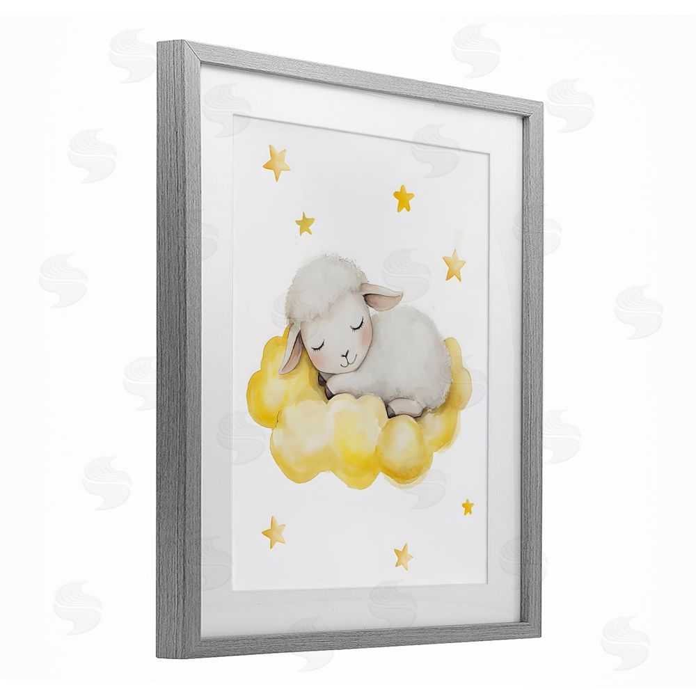 LSR Design Studio Sleeping Sheep on Yellow Cloud Gray Framed Print Under Glass with White Mat Wall Art