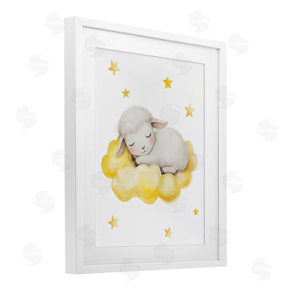 LSR Design Studio Sleeping Sheep on Yellow Cloud White Framed Print Under Glass with White Mat Wall Art