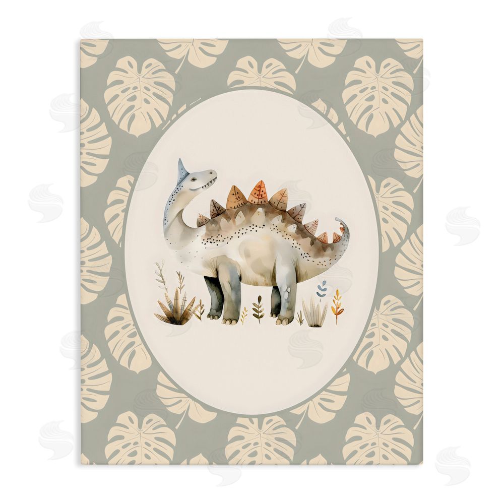 LSR Design Studio Watercolor Dinosaur Monstera Border Stretched Canvas Wall Art Print