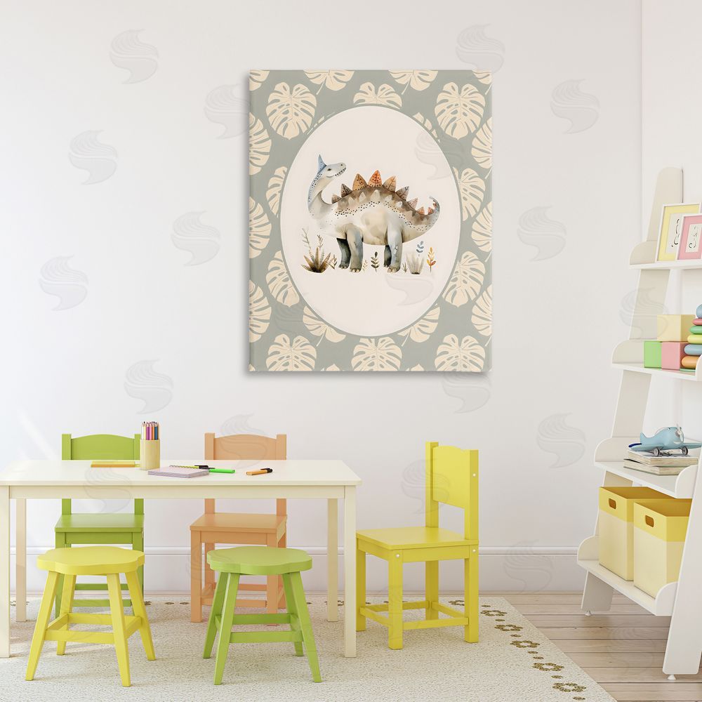 LSR Design Studio Watercolor Dinosaur Monstera Border Stretched Canvas on Wall
