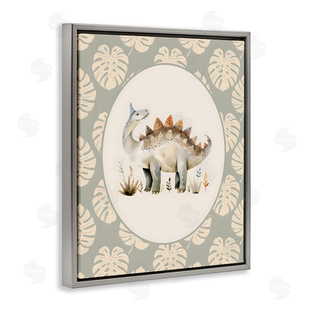 LSR Design Studio Watercolor Dinosaur Monstera Border Gray Floating Framed Canvas Wall Art Print