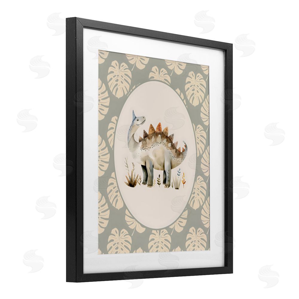 LSR Design Studio Watercolor Dinosaur Monstera Border Black Framed Print Under Glass with White Mat Wall Art