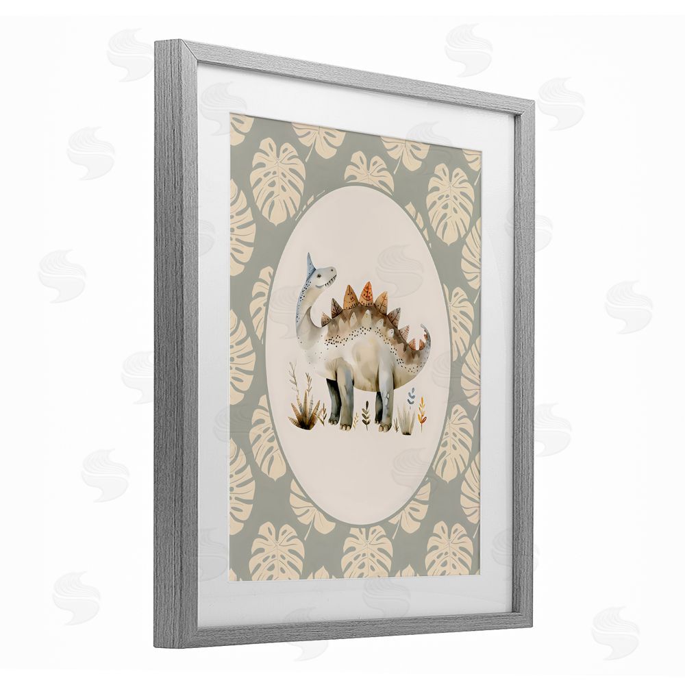LSR Design Studio Watercolor Dinosaur Monstera Border Gray Framed Print Under Glass with White Mat Wall Art