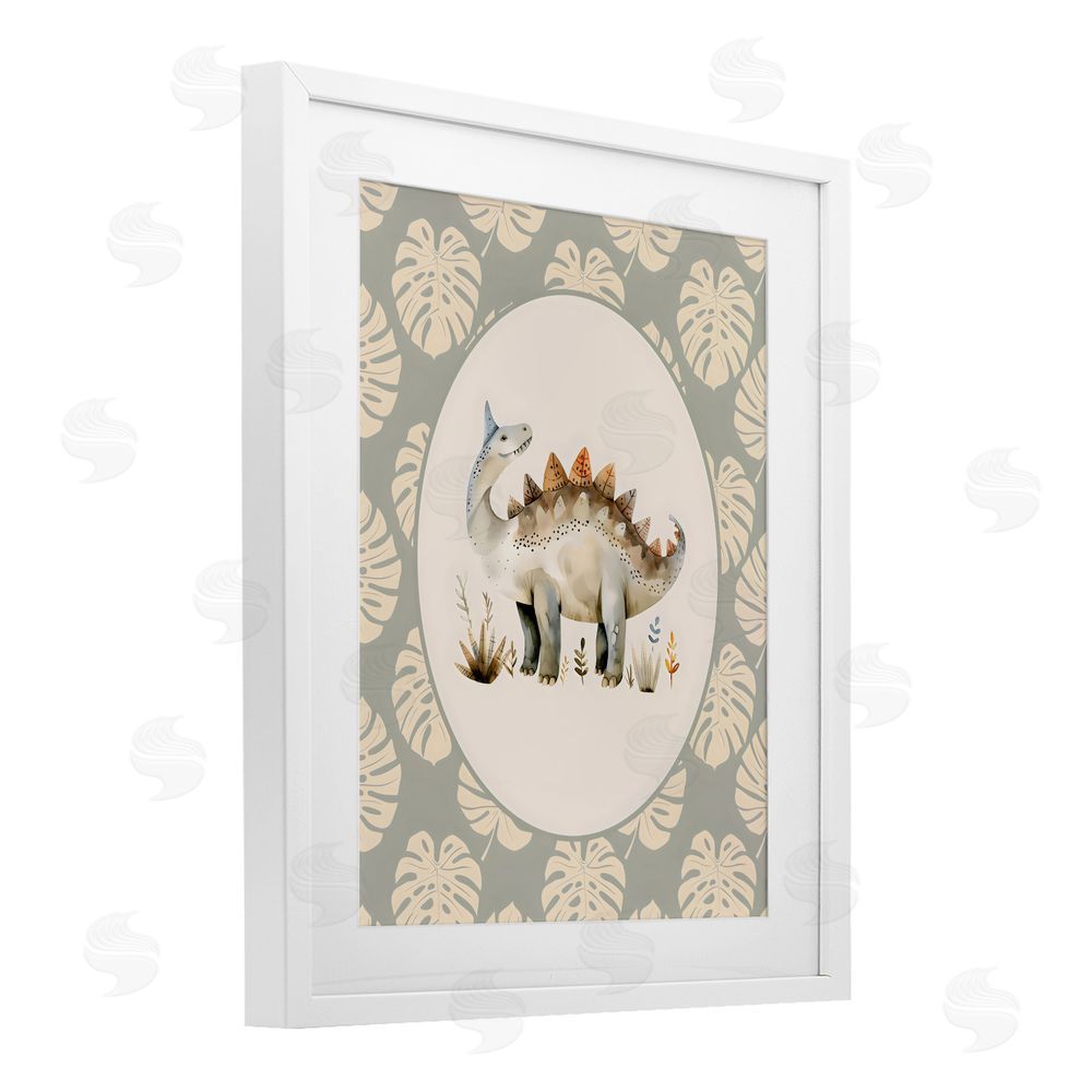 LSR Design Studio Watercolor Dinosaur Monstera Border White Framed Print Under Glass with White Mat Wall Art