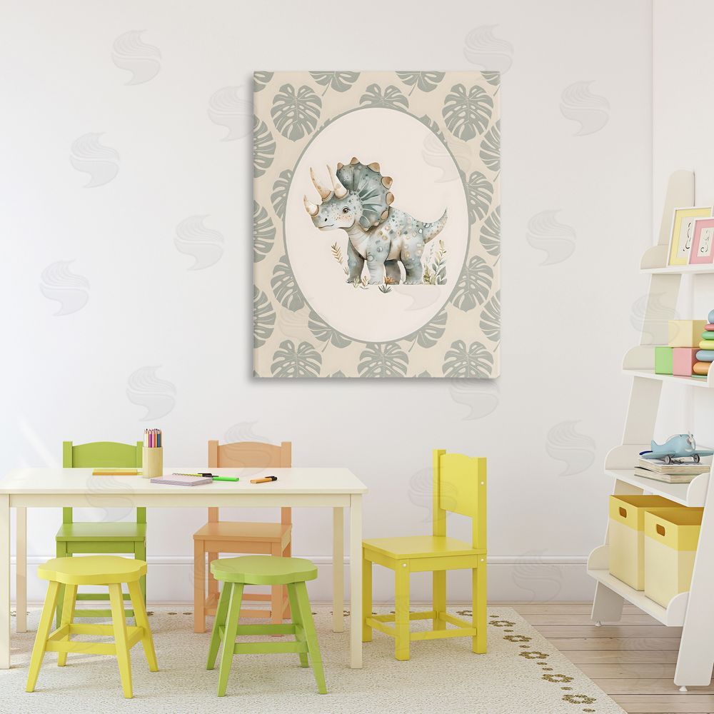LSR Design Studio Watercolor Dinosaur Tropical Border Stretched Canvas on Wall