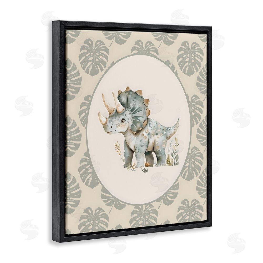 LSR Design Studio Watercolor Dinosaur Tropical Border Black Floating Framed Canvas Wall Art Print