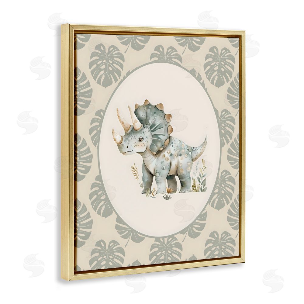 LSR Design Studio Watercolor Dinosaur Tropical Border Gold Floating Framed Canvas Wall Art Print