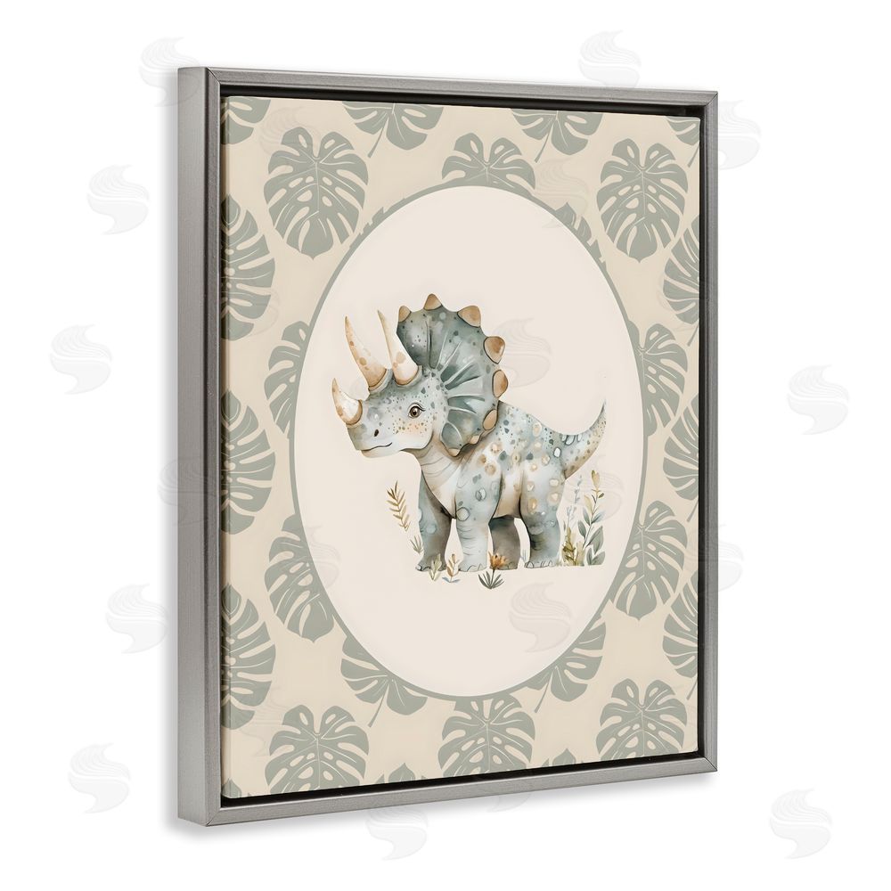 LSR Design Studio Watercolor Dinosaur Tropical Border Gray Floating Framed Canvas Wall Art Print