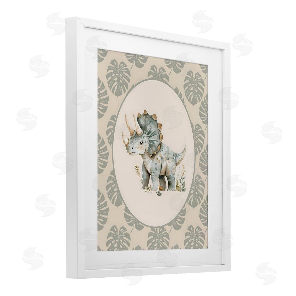 LSR Design Studio Watercolor Dinosaur Tropical Border White Framed Print Under Glass with White Mat Wall Art
