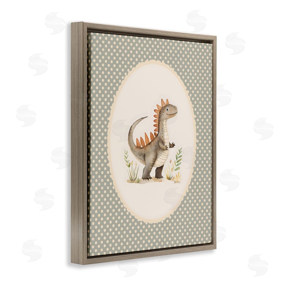 LSR Design Studio Watercolor Dinosaur Polka Dot Border Brown Floating Framed Canvas Wall Art Print