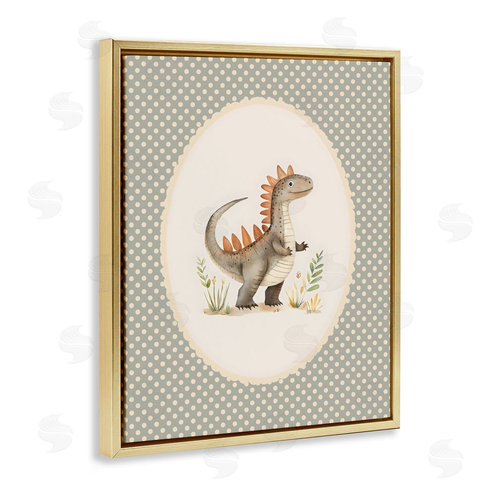 LSR Design Studio Watercolor Dinosaur Polka Dot Border Gold Floating Framed Canvas Wall Art Print