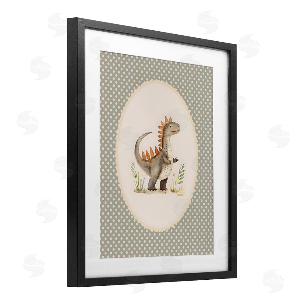 LSR Design Studio Watercolor Dinosaur Polka Dot Border Black Framed Print Under Glass with White Mat Wall Art
