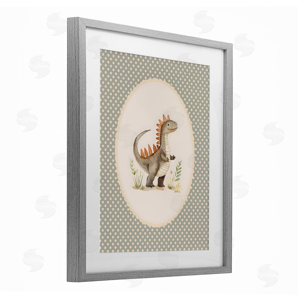 LSR Design Studio Watercolor Dinosaur Polka Dot Border Gray Framed Print Under Glass with White Mat Wall Art