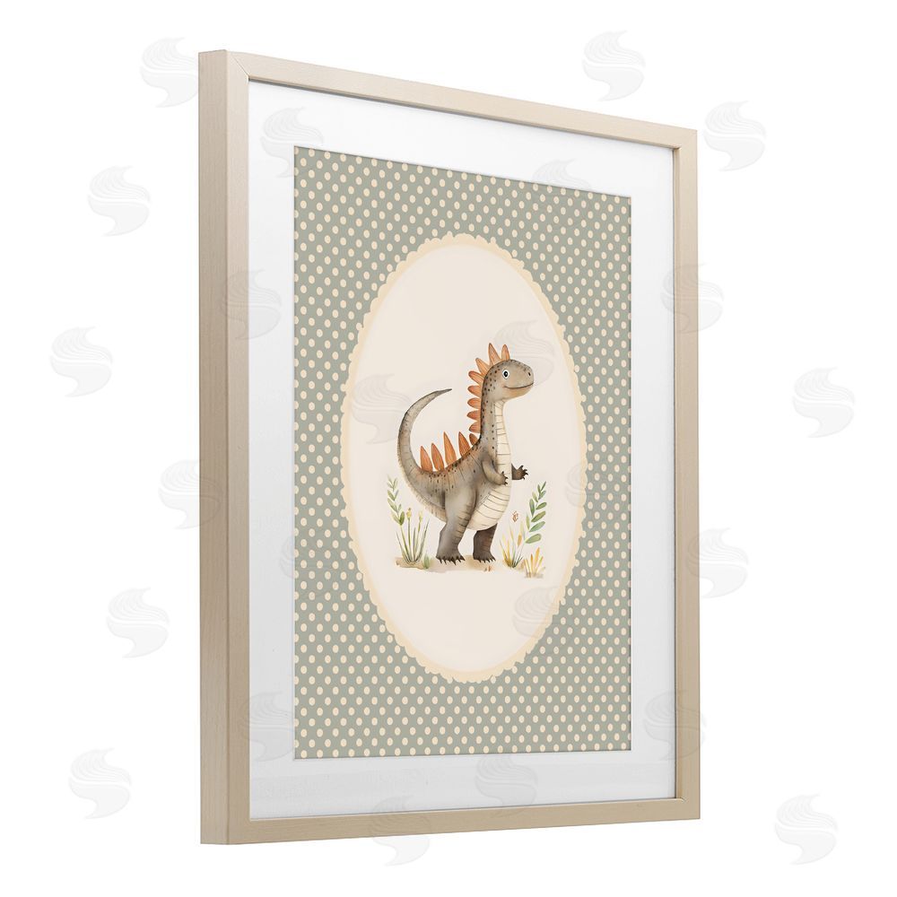 LSR Design Studio Watercolor Dinosaur Polka Dot Border Brown Framed Print Under Glass with White Mat Wall Art