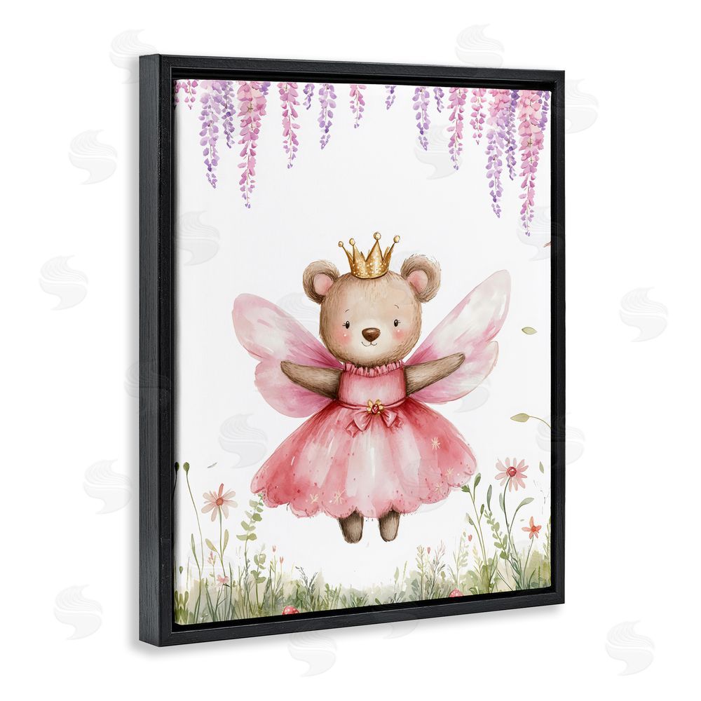 LSR Design Studio Woodland Bear Forest Fairy Black Floating Framed Canvas Wall Art Print