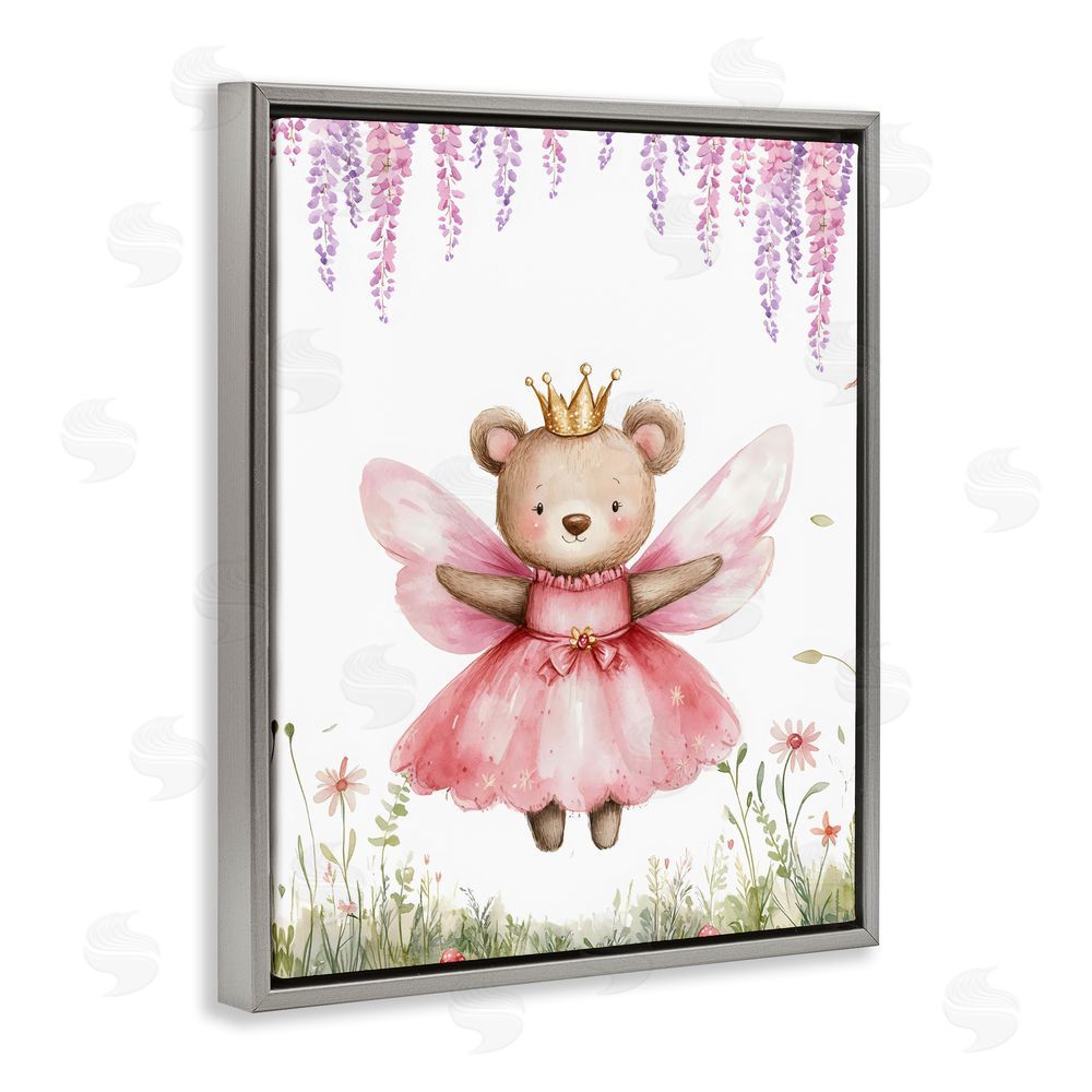 LSR Design Studio Woodland Bear Forest Fairy Gray Floating Framed Canvas Wall Art Print