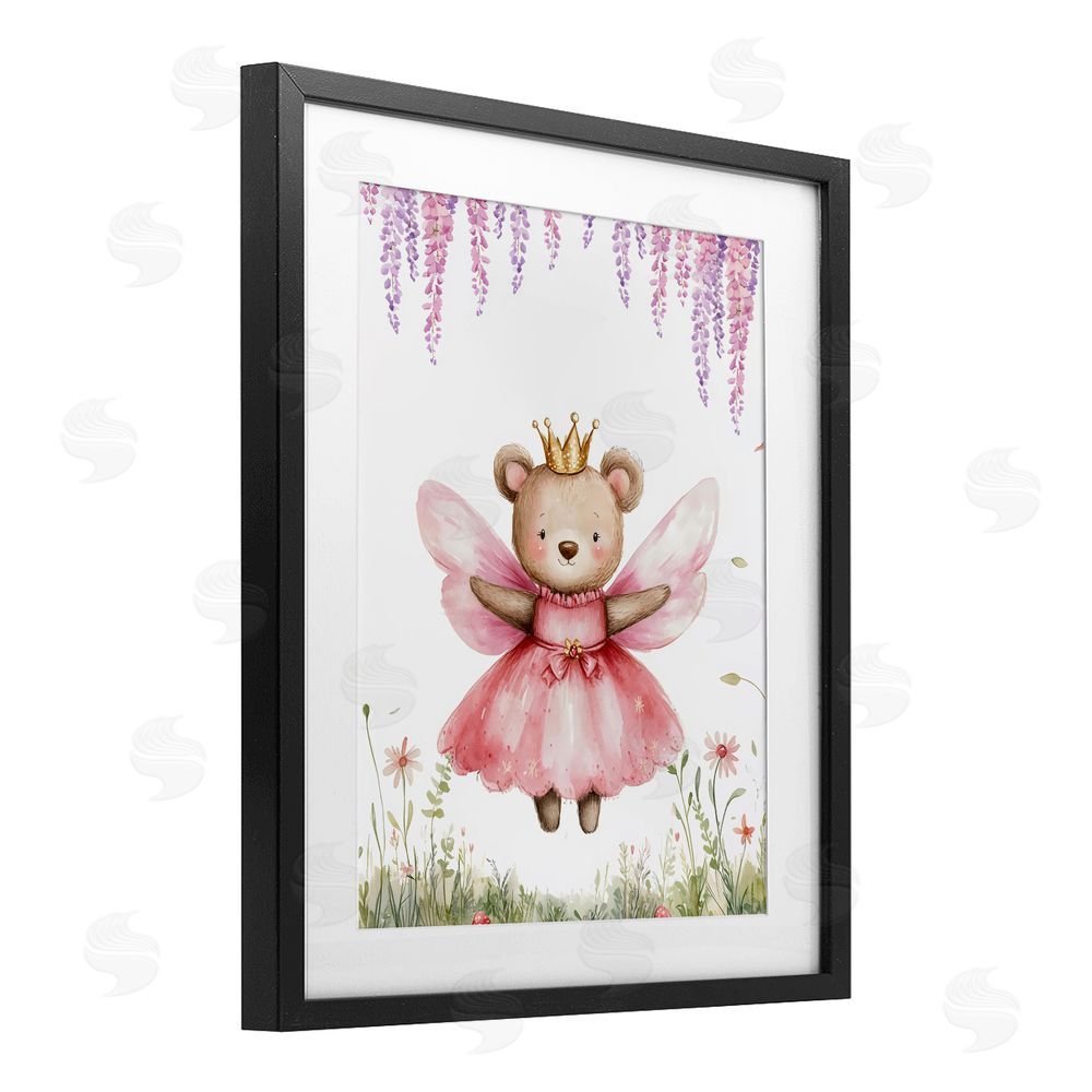 LSR Design Studio Woodland Bear Forest Fairy Black Framed Print Under Glass with White Mat Wall Art