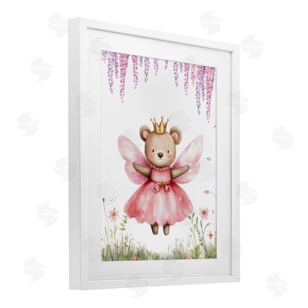 LSR Design Studio Woodland Bear Forest Fairy White Framed Print Under Glass with White Mat Wall Art