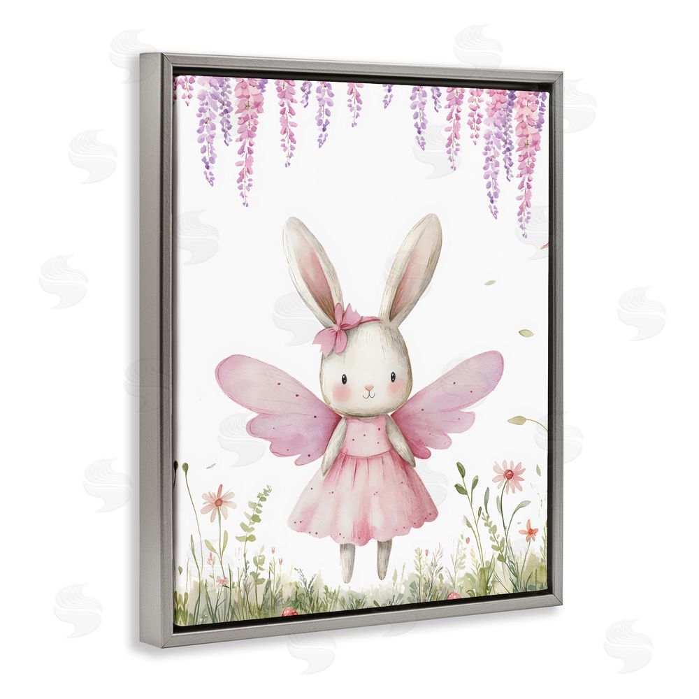 LSR Design Studio Woodland Bunny Forest Fairy Gray Floating Framed Canvas Wall Art Print