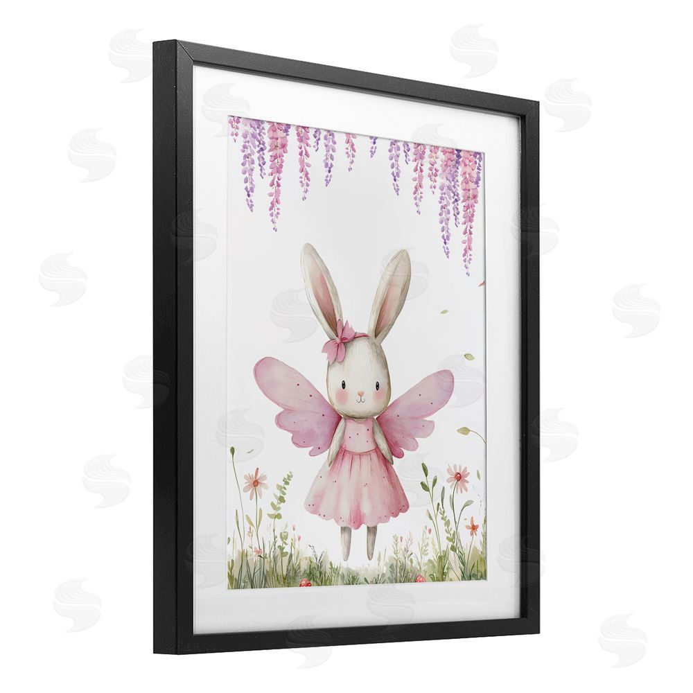 LSR Design Studio Woodland Bunny Forest Fairy Black Framed Print Under Glass with White Mat Wall Art