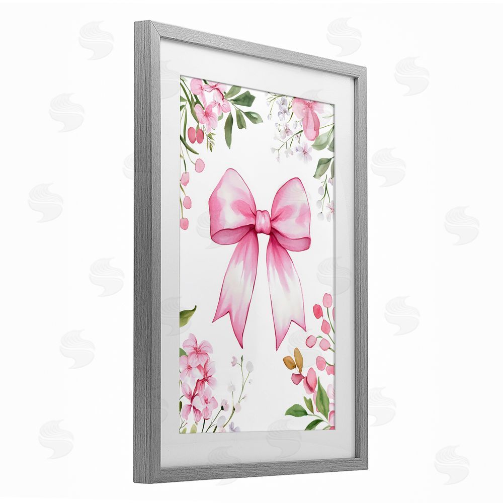 Creative Studio Whimsical Floral Bow Pink Gray Framed Print Under Glass with White Mat Wall Art