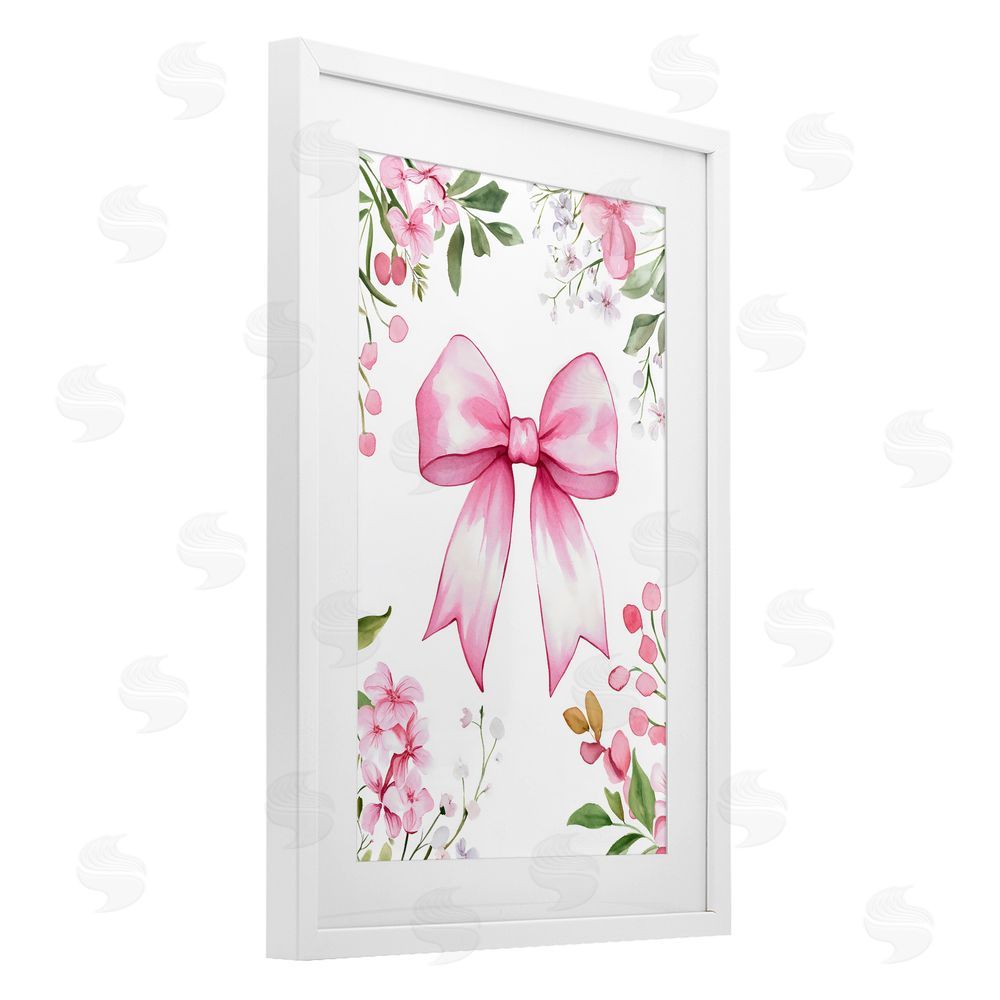 Creative Studio Whimsical Floral Bow Pink White Framed Print Under Glass with White Mat Wall Art