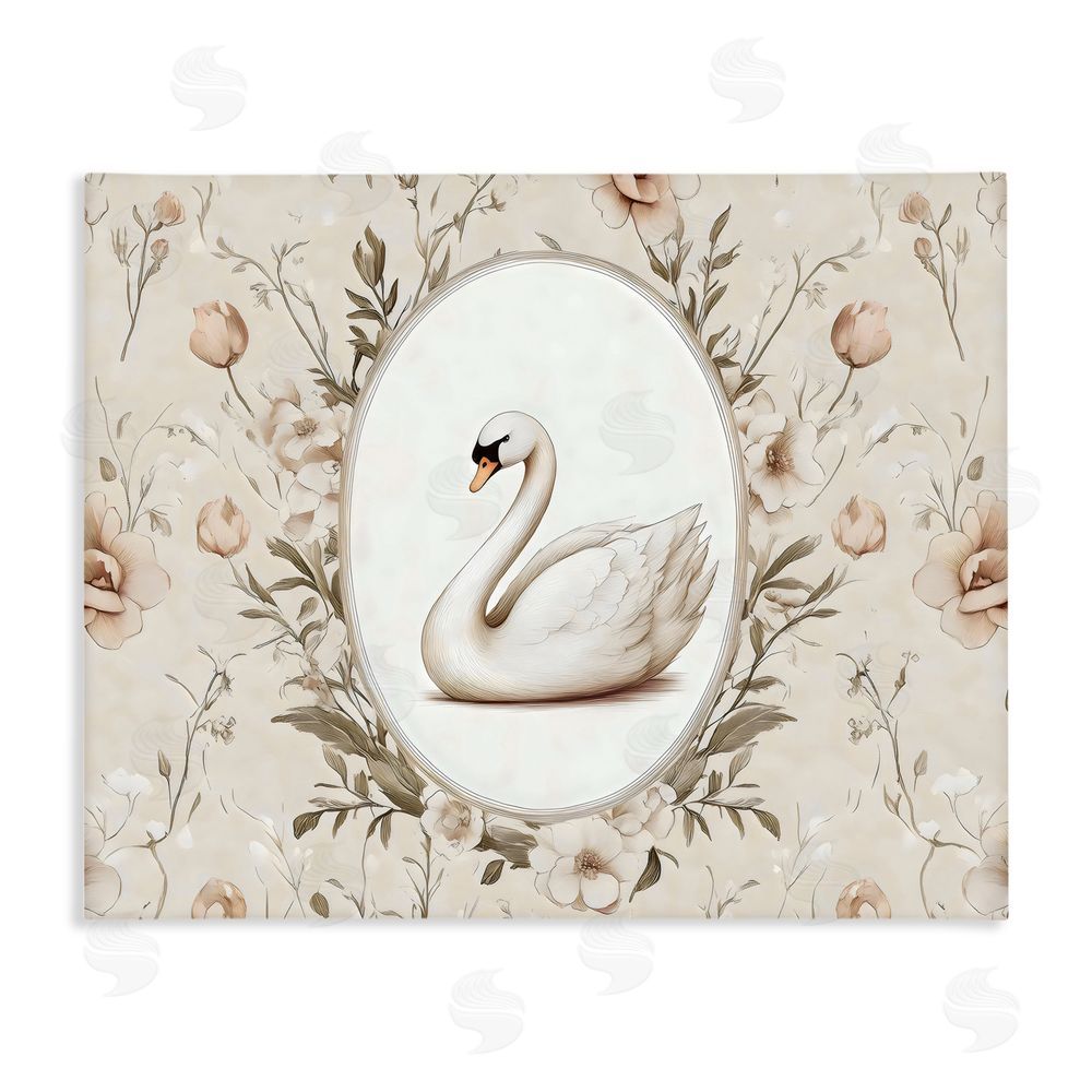 Arlington Prints Swan Vignette in Floral Border Stretched Canvas Wall Art Print