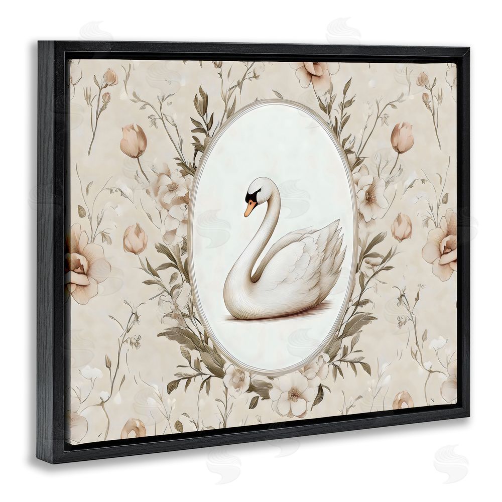 Arlington Prints Swan Vignette in Floral Border Black Floating Framed Canvas Wall Art Print