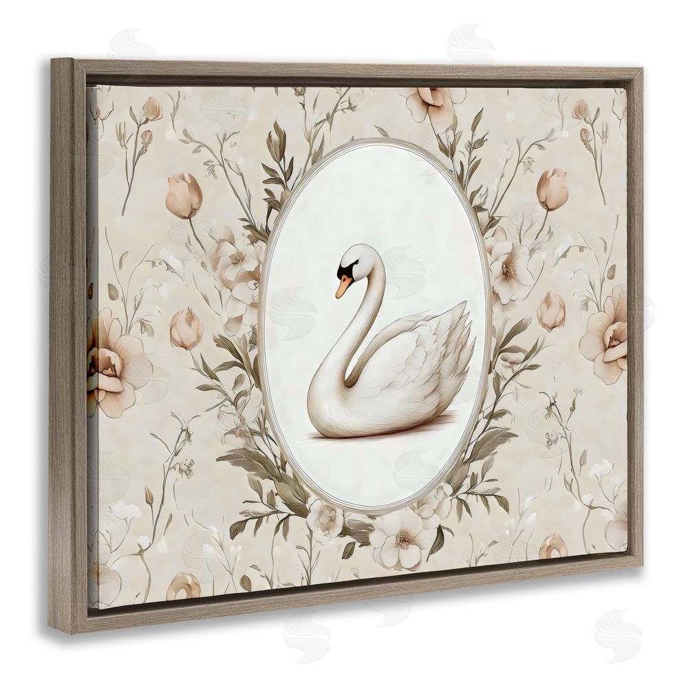 Arlington Prints Swan Vignette in Floral Border Brown Floating Framed Canvas Wall Art Print