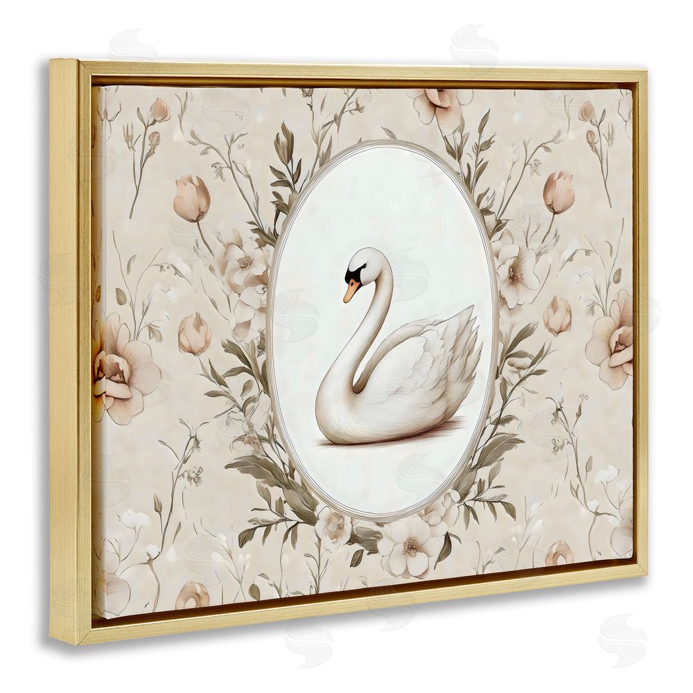 Arlington Prints Swan Vignette in Floral Border Gold Floating Framed Canvas Wall Art Print