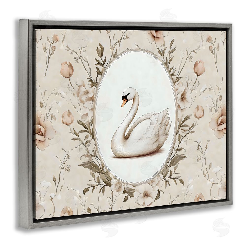 Arlington Prints Swan Vignette in Floral Border Gray Floating Framed Canvas Wall Art Print