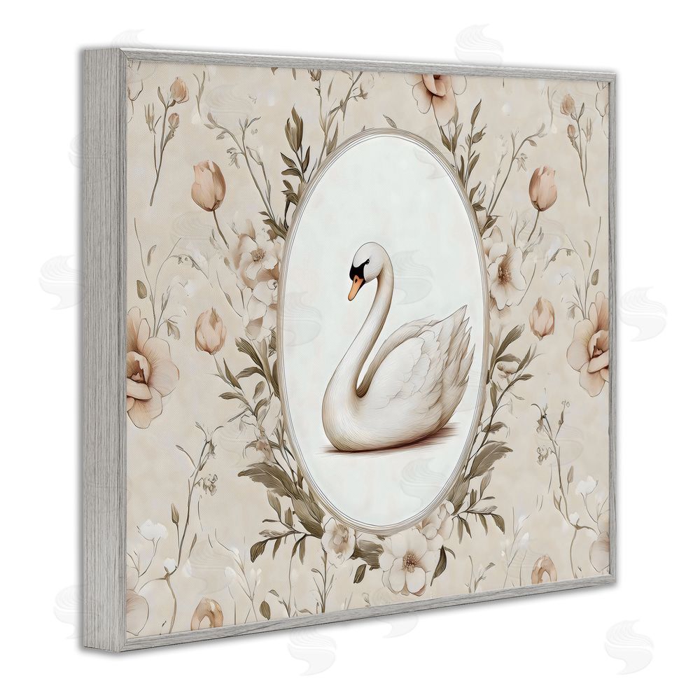 Arlington Prints Swan Vignette in Floral Border Gray Framed Giclee Wall Art Print