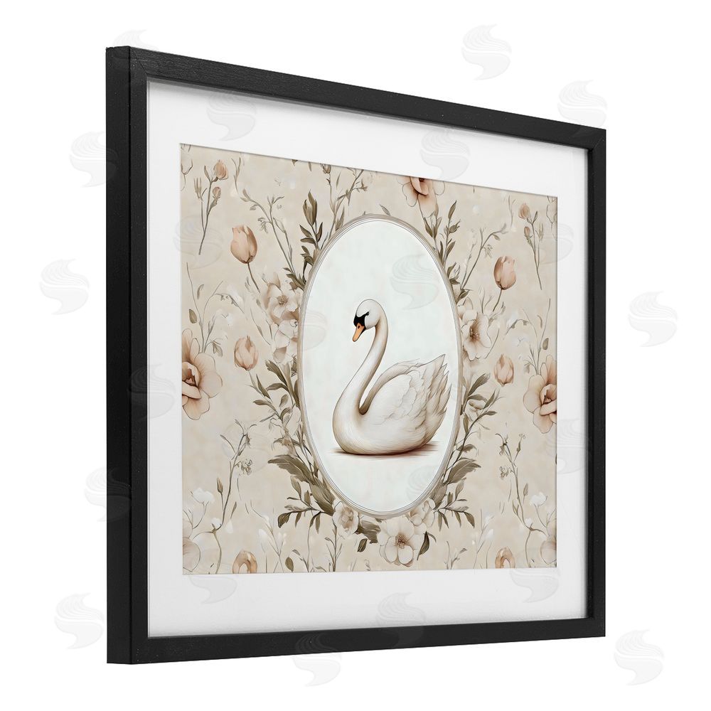Arlington Prints Swan Vignette in Floral Border Black Framed Print Under Glass with White Mat Wall Art