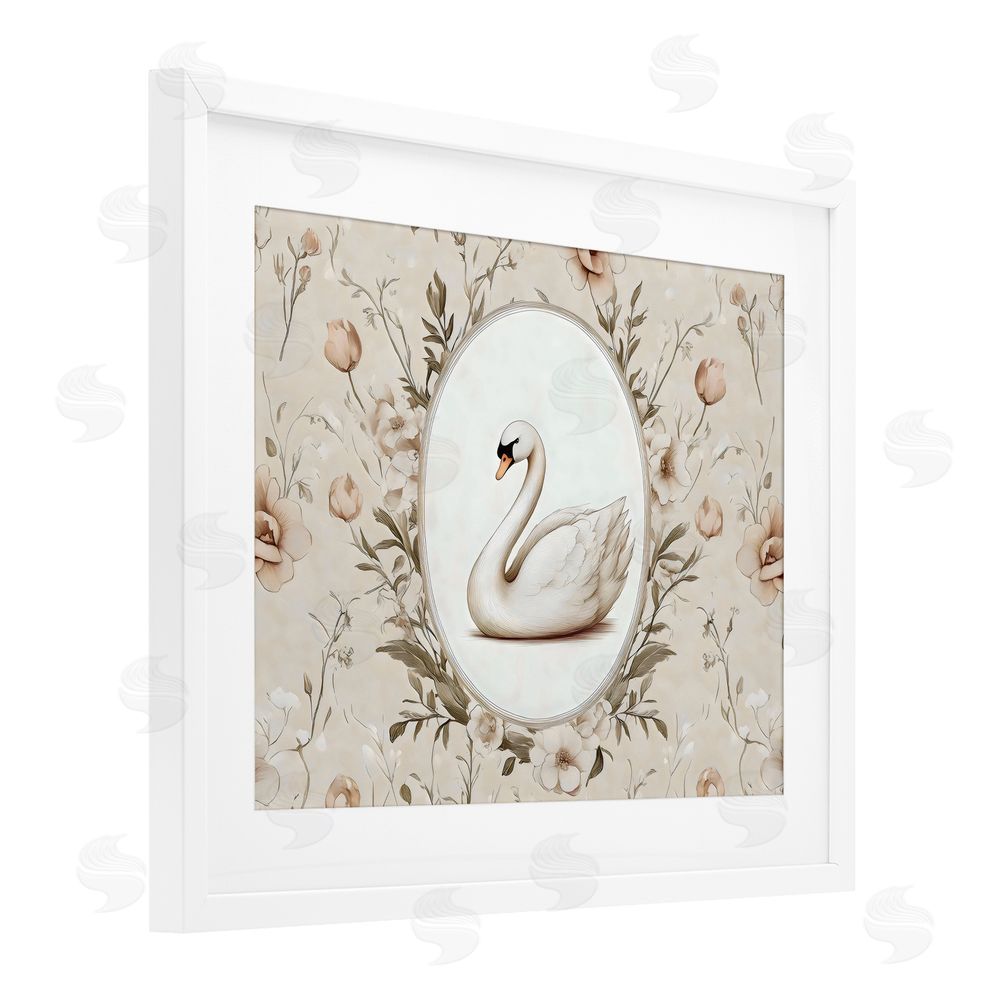 Arlington Prints Swan Vignette in Floral Border White Framed Print Under Glass with White Mat Wall Art