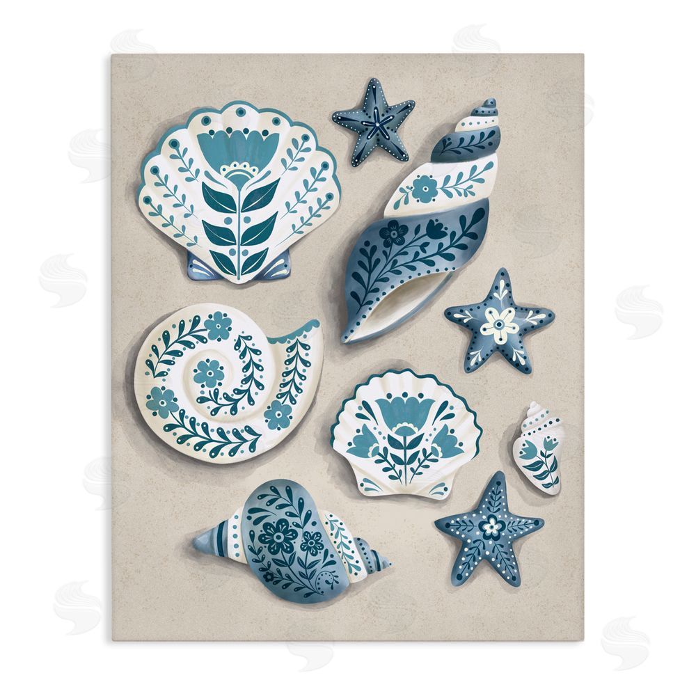 Penny Aguilera Teal Nautical Floral Seashells Stretched Canvas Wall Art Print